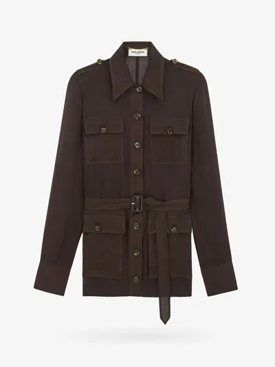 Saint Laurent Saharienne Silk Dress In Brown