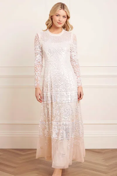 Needle & Thread Aurora Long Sleeve Round Neck Gown In White