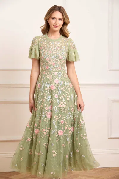 Needle & Thread Antoinettes Floral Round Neck Ankle Gown In Green