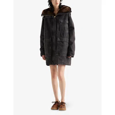 Prada Canvas Shearling-hood Coat In Brown