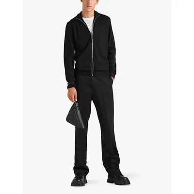 Prada Mens Black Waffle Turtle-neck Wool Cardigan
