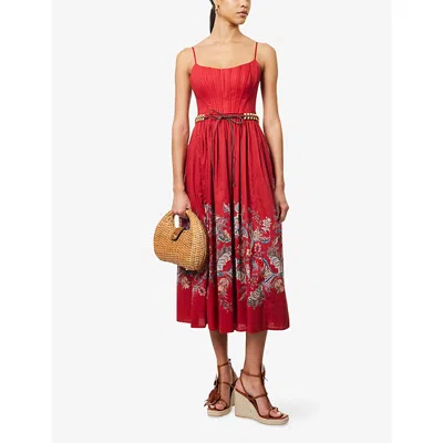 Zimmermann Rhiannon Cotton Corset Midi Dress In Red