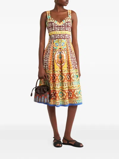 Etro Pleated Printed Cotton-poplin Midi Dress In Yellow