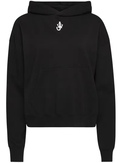 Jw Anderson Cropped Black Hoodie With Subtle Branding And Relaxed Fit In Black