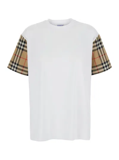Burberry Women White T-shirt With Vintage Check Motif On The Sleeves In Cotton Woman