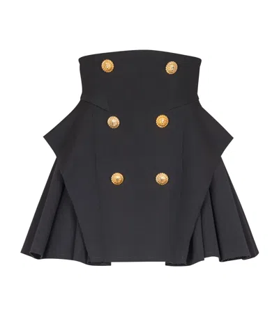 Balmain Button-embellished Pleated Grain De Poudre Wool Mini Skirt In Black