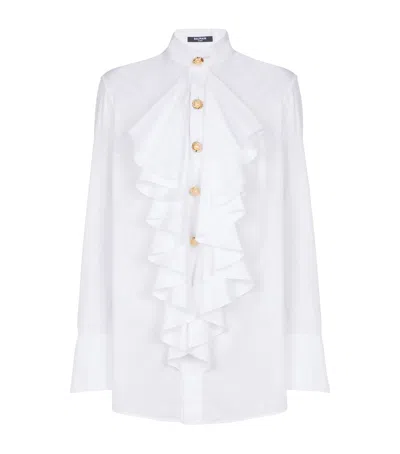 Balmain Ruffled Poplin Shirt In White