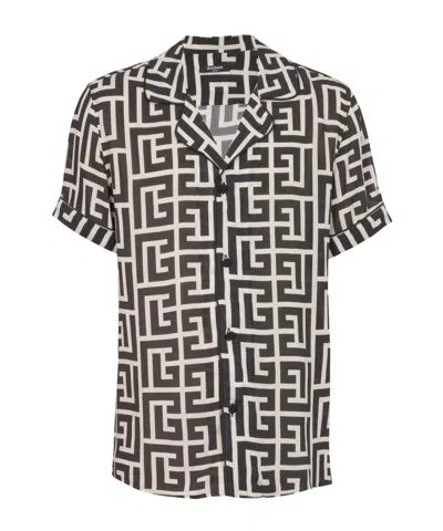 Balmain Monogram Printed Short-sleeved Shirt In Black