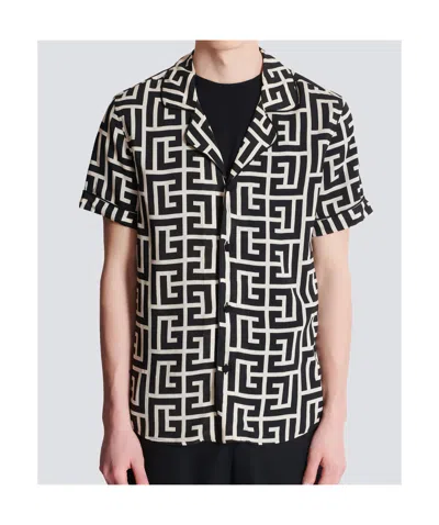 Balmain Monogram Printed Short-sleeved Shirt In Black