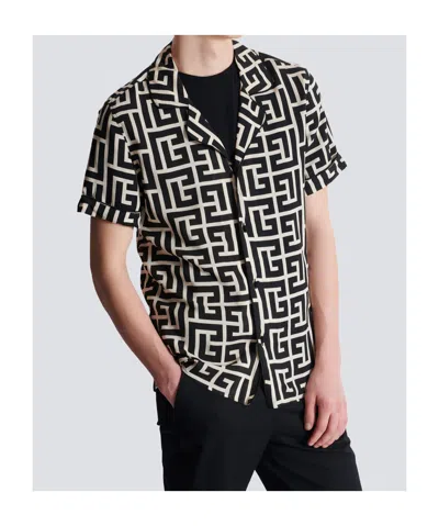 Balmain Monogram Printed Short-sleeved Shirt In Black