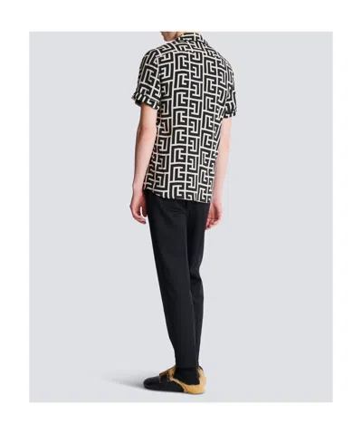 Balmain Monogram Printed Short-sleeved Shirt In Black