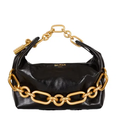 Balmain Sync Black Mini Handbag With Chain-link And Logo Plaque In Leather Woman In Black