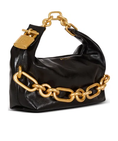 Balmain Sync Black Mini Handbag With Chain-link And Logo Plaque In Leather Woman In Black