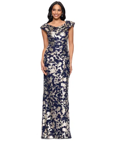 Betsy & Adam Metallic Floral Cowl Neck Sheath Gown In Multi