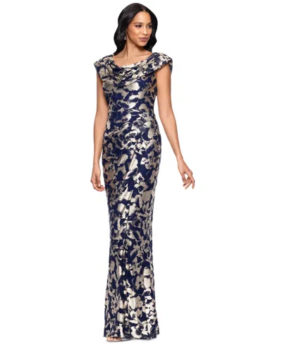 Betsy & Adam Metallic Floral Cowl Neck Sheath Gown In Multi