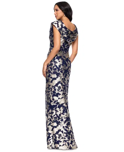 Betsy & Adam Metallic Floral Cowl Neck Sheath Gown In Multi