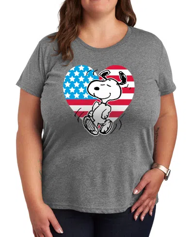 Hybrid Apparel Plus Size Peanuts Snoopy American Flag Heart Graphic T-shirt In Gray