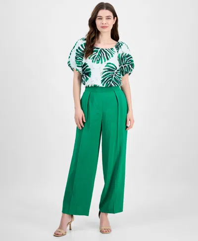 Anne Klein Pleated Pull-on Wide Leg Pants In Green