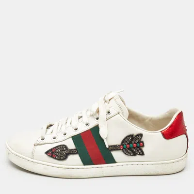 Pre-owned Gucci White Leather Ace Arrow Applique Low Top Sneakers Size 36.5