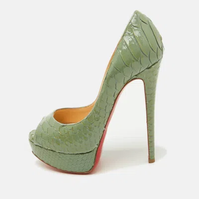 Pre-owned Christian Louboutin Sage Green Python Lady Peep Toe Platform Pumps Size 35
