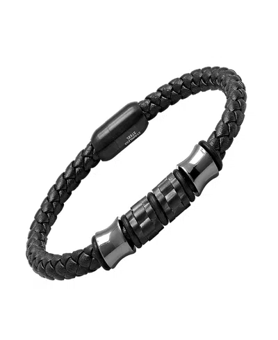 Steeltime Men's Black Braided Leather And Black Ip Stainless Steel Bracelet