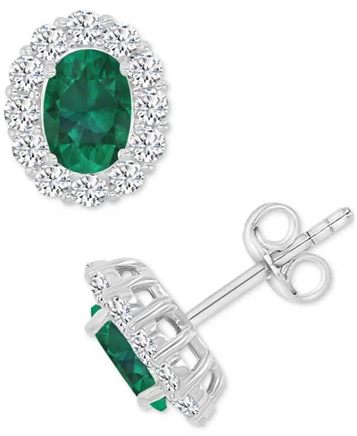 Macy's Cubic Zirconia Green Stone Oval Halo Stud Earrings In Sterling Silver