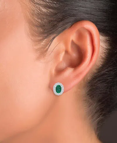 Macy's Cubic Zirconia Green Stone Oval Halo Stud Earrings In Sterling Silver