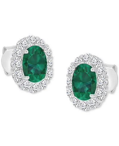 Macy's Cubic Zirconia Green Stone Oval Halo Stud Earrings In Sterling Silver