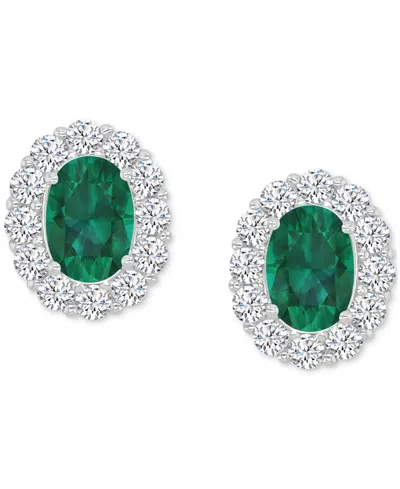Macy's Cubic Zirconia Green Stone Oval Halo Stud Earrings In Sterling Silver