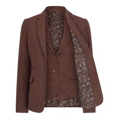 Oliver Tweed Infinity Leather Women's Rust Brown 2 Piece Set Herringbone Wool Tweed Check Blazer Waistcoat