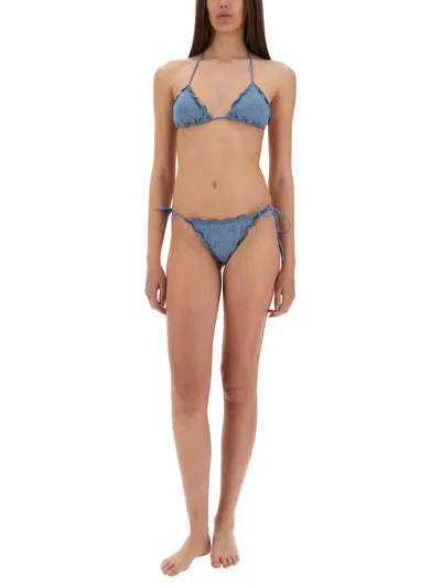 Mc2 Saint Barth Embroidered-eyelet Ruffled-details Bikini Bottoms In Blue