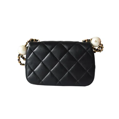 Pre-owned Chanel Lambskin Brushed Mini Square Pearl Flap Bag Gold Hardware Black