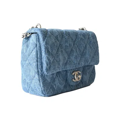 Pre-owned Chanel Denim Quilted Camellia Sweetheart Flap Bag Silver Hardware Blue