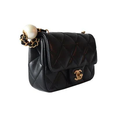Pre-owned Chanel Lambskin Brushed Mini Square Pearl Flap Bag Gold Hardware Black