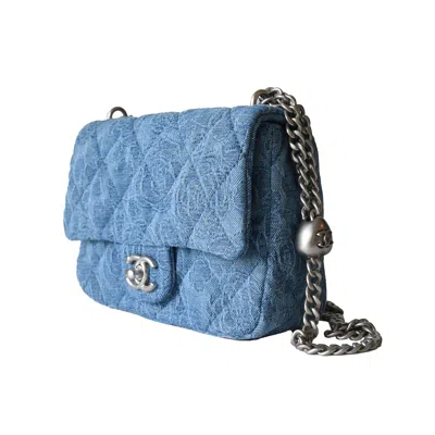 Pre-owned Chanel Denim Quilted Camellia Sweetheart Flap Bag Silver Hardware Blue