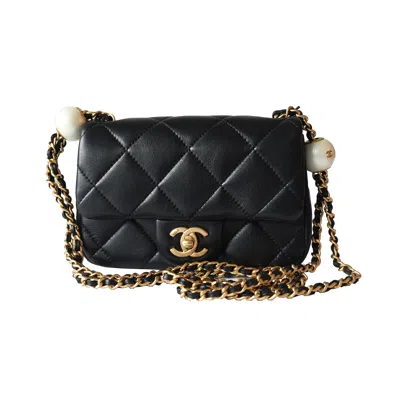 Pre-owned Chanel Lambskin Brushed Mini Square Pearl Flap Bag Gold Hardware Black