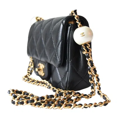 Pre-owned Chanel Lambskin Brushed Mini Square Pearl Flap Bag Gold Hardware Black
