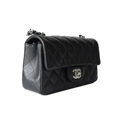 Pre-owned Chanel Lambskin Quilted Mini Rectangular Flap Bag Silver Hardware Black