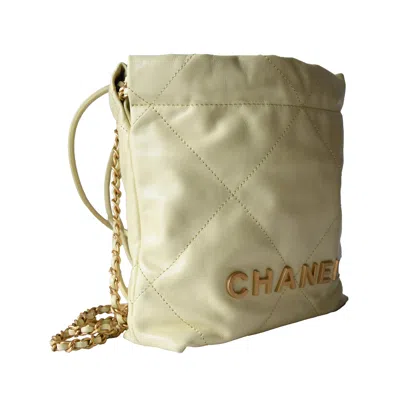 Pre-owned Chanel Shiny Calfskin Quilted Mini  22 Tote Bag Gold Hardware Light Yellow