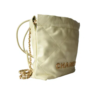 Pre-owned Chanel Shiny Calfskin Quilted Mini  22 Tote Bag Gold Hardware Light Yellow