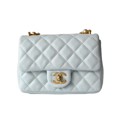 Pre-owned Chanel Shiny Lambskin Quilted Pearl Twist Square Flap Bag Gold Hardware Light Blue