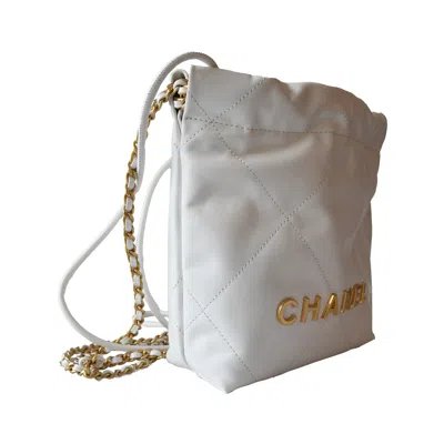 Pre-owned Chanel Shiny Calfskin Quilted Mini  22 Tote Bag Gold Hardware White