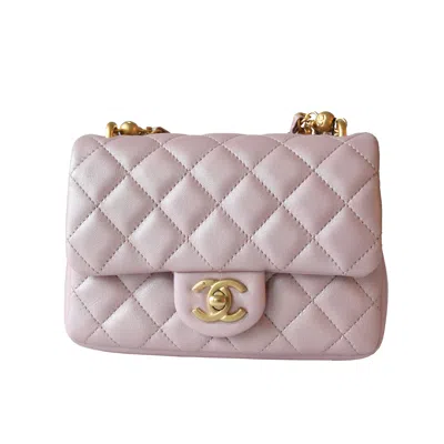 Pre-owned Chanel Shiny Lambskin Quilted Pearl Twist Square Flap Bag Gold Hardware Light Pink