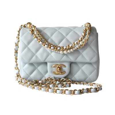 Pre-owned Chanel Shiny Lambskin Quilted Pearl Twist Square Flap Bag Gold Hardware Light Blue