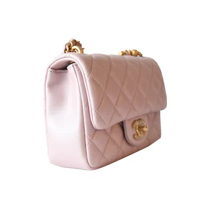 Pre-owned Chanel Shiny Lambskin Quilted Pearl Twist Square Flap Bag Gold Hardware Light Pink