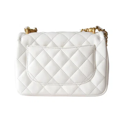 Pre-owned Chanel Shiny Lambskin Quilted Pearl Twist Square Flap Bag Gold Hardware White