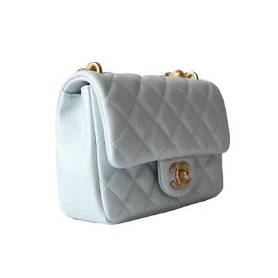 Pre-owned Chanel Shiny Lambskin Quilted Pearl Twist Square Flap Bag Gold Hardware Light Blue