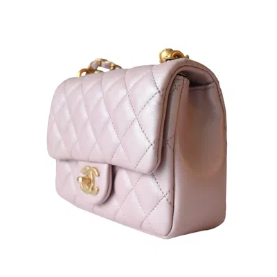 Pre-owned Chanel Shiny Lambskin Quilted Pearl Twist Square Flap Bag Gold Hardware Light Pink