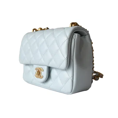 Pre-owned Chanel Shiny Lambskin Quilted Pearl Twist Square Flap Bag Gold Hardware Light Blue