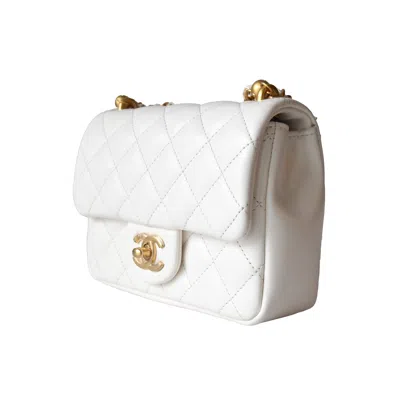 Pre-owned Chanel Shiny Lambskin Quilted Pearl Twist Square Flap Bag Gold Hardware White